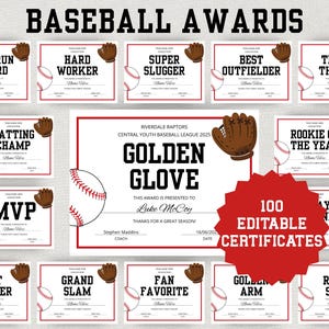 Baseball Awards, Editable Baseball Certificates, End of Season Sports Awards, Baseball Team Recognition Awards, Custom Baseball Keepsake