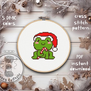 Frog Cross Stitch Pattern: Christmas Ornament, Beginner Embroidery (PDF Download)