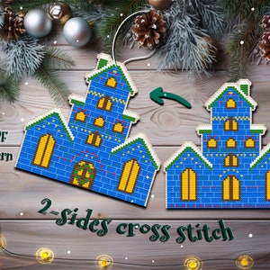 Christmas Cross Stitch, Christmas Castle Cross Stitch Pattern, Plastic Canvas, House Ornament, Christmas Tree Decoration, DIY Gift