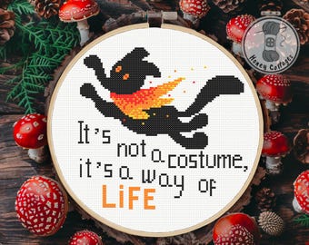 Halloween Schwarze Katze Kreuzstichmuster: Spooky Witchy Feuer (Digitaler Download)