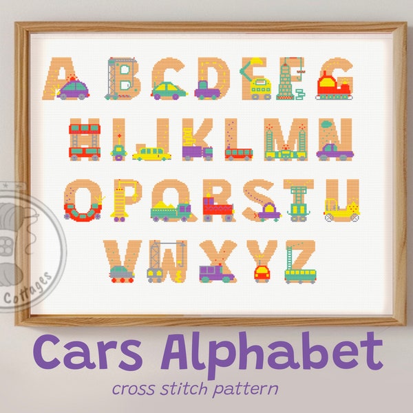 Cars alphabet cross stitch pattern, nursery sampler, birth announcement cross stitch pattern, baby name cross stitch pattern, baby announce