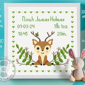 Birth Announcement, Deer Cross Stitch Pattern, Baby Announcement, Counted Cross Stitch, Woodland Animal, Baby Boy Gift, Birth Record Deer