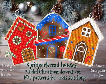 Op de afbeelding: Drie kruissteekpatronen voor gingerbread houses. De patronen zijn voor dubbelzijdige kerstversieringen. De huizen zijn rood, blauw en bruin met witte glazuur en snoepdecoraties. Een bonus-Sinterklaaspatroon is inbegrepen.