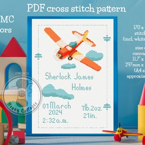 Birth Announcement, Cross Stitch Pattern, Airplane Cross stitch, Baby Announcement, Birth Record, Baby Cross Stitch, DIY Personalized Gift