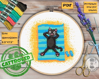 Cat Cross Stitch, Cross Stitch Pattern, Black Cat, Snarky Cross stitch, Beach Cross Stitch, Cat Art Embroidery Pattern, Pet Lover Gift
