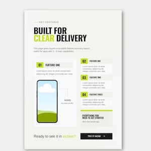 Könnte beinhalten: Eine digitale Canva-Vorlage mit dem Text „BUILT FOR CLEAR DELIVERY“ und „How it works“. Das Design umfasst eine Smartphone-Grafik, nummerierte Funktionsabschnitte und eine Call-to-Action-Schaltfläche. Das Canva-Logo ist sichtbar.