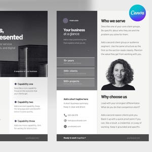 May include: A two-page business brochure template in black, white, and gray. The layout features sections for company overview, capabilities, who we serve, and why choose us, with placeholders for text, a logo, and a portrait photograph.