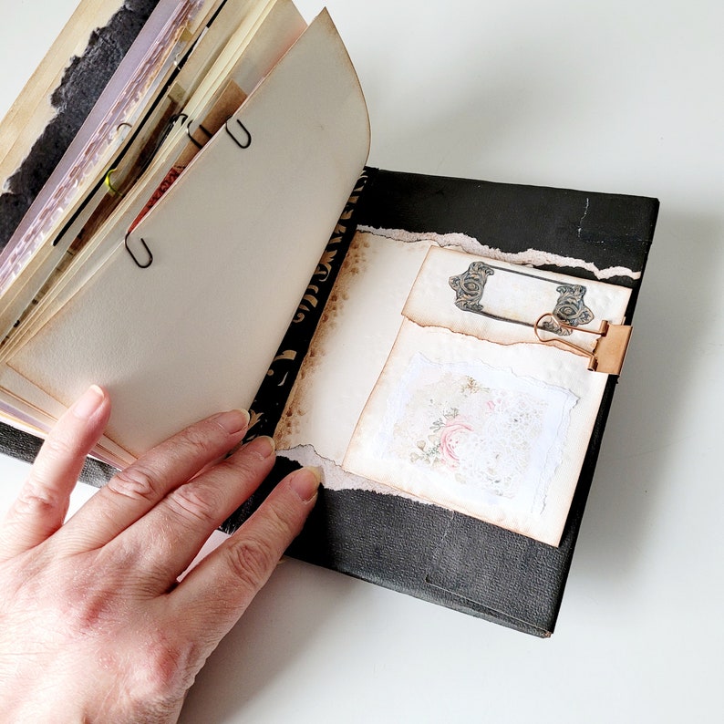 Junk Journal, Handmade Vintage Junk Journal, Black and off White