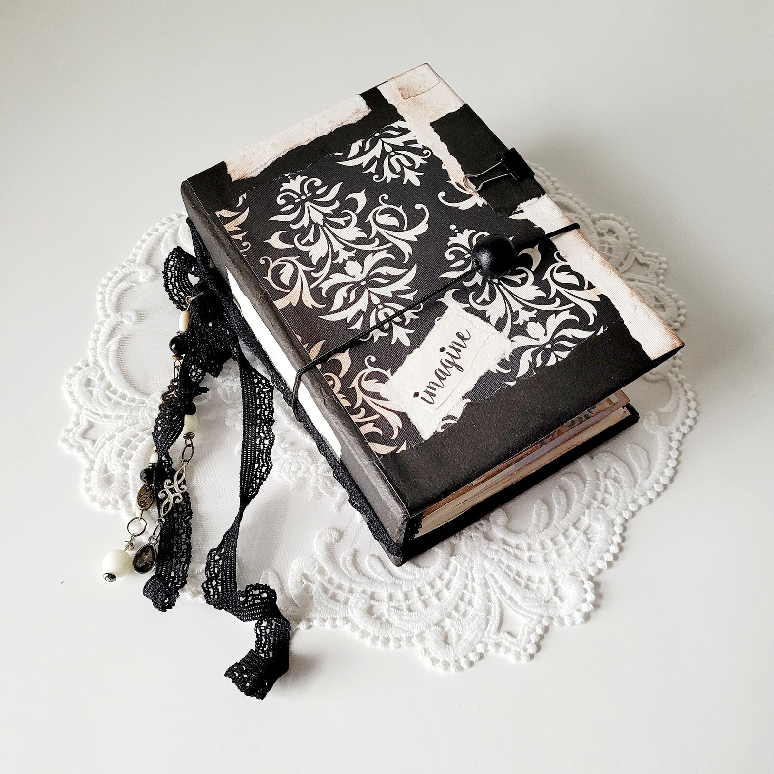 Junk Journal, Handmade Vintage Junk Journal, Black and off White