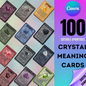 Crystal Meaning Cards 100 Printable Editable Crystal Information Cards Template Printable Gemstone Cards Editable Crystal Cards for Canva