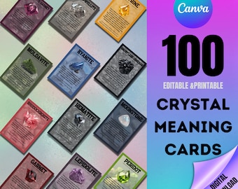 Crystal Meaning Cards 100 Printable Editable Crystal Information Cards Template Printable Gemstone Cards Editable Crystal Cards for Canva