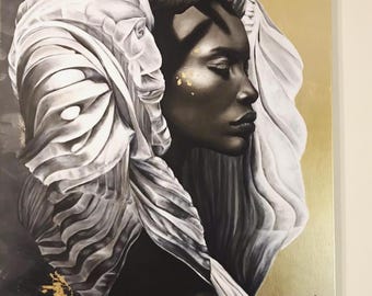 Original Hand-Painted Portrait – Black & Gold Oil Painting – Unique Fine Art