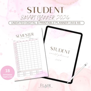 May include: A pink and white digital planner with the text "STUDENT SMART PLANNER 2024" and "UNDATED DIGITAL & PRINTABLE PLANNER | A4 & A5". The planner has a pink and white abstract background with a digital tablet and a stylus pen.