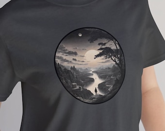 Moonlit River Valley T-Shirt | Serene Night Sky Graphic Tee