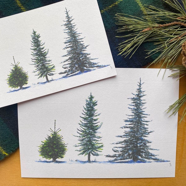 Trio de Sapins | Crayon et Sapin | Illustration de Noël, pour décoration originale, carte de voeux peinte Made in France