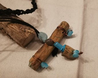 Handmade necklace with wooden pendant and natural gemstones, copper wire, natural hemp cord and beads. Single piece.