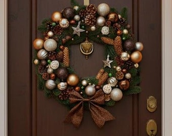Gold Bronze Christmas Wreath with Pine Cones and Lights  20"