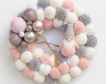 Handmade Pink Pom Pom Christmas Wreath with Gnome and Lights