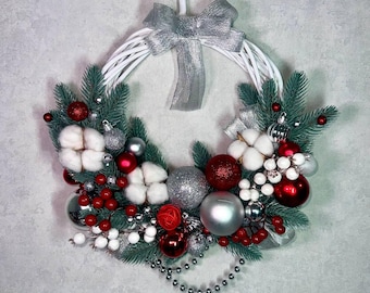 Red Silver Christmas Wreath 15" with Cotton Berries on White Hoop, Handmade in Ukraine