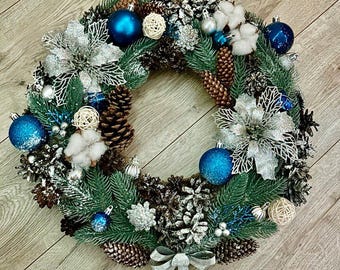 Winter Blue and Silver Christmas Wreath. Handmade Holiday Door Decor with Pinecones, Cotton & Ornaments