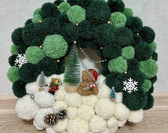 Handmade Green White Pom Pom Christmas Wreath with Mini Winter Scene 20"