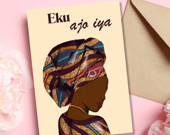 Happy mother’s Day Card, Mum, Greeting cards, Cards for mothers day, African Fabric card, Yuroba card, African illustration