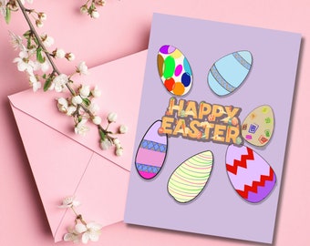 Happy Easter card, Easter eggs, Easter card, Easter egg hunt Easter flowers, Hand illustrated card, Easter Gift, Easter printable card