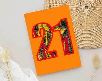 21st Birthday card, Birthday cards, African patterns, Digital Illustration, handmade card, Orange card, Birthday day gift, Friend 21st gift