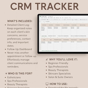 Puede incluir: Seguimiento CRM digital para esteticistas con una interfaz de hoja de cálculo que se muestra en una tableta. La imagen incluye texto que detalla características como registros de clientes, paneles de seguimiento e instrucciones de uso. Ideal para esteticistas y especialistas en cuidado de la piel.