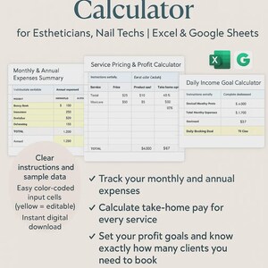 Puede incluir: Calculadora digital para esteticistas y técnicos de uñas, diseñada para Excel y Google Sheets. Incluye resúmenes mensuales y anuales de gastos, precios de servicios y cálculos diarios de objetivos de ingresos. Instrucciones claras y celdas de entrada codificadas por colores.