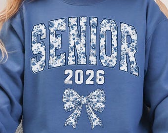 Floral Senior 2026 PNG, Chinoiserie Senior 2026 Design Blue Floral Senior 2026, Coquette Bow Toile De Jouy Tshirt Design, Sublimation Design