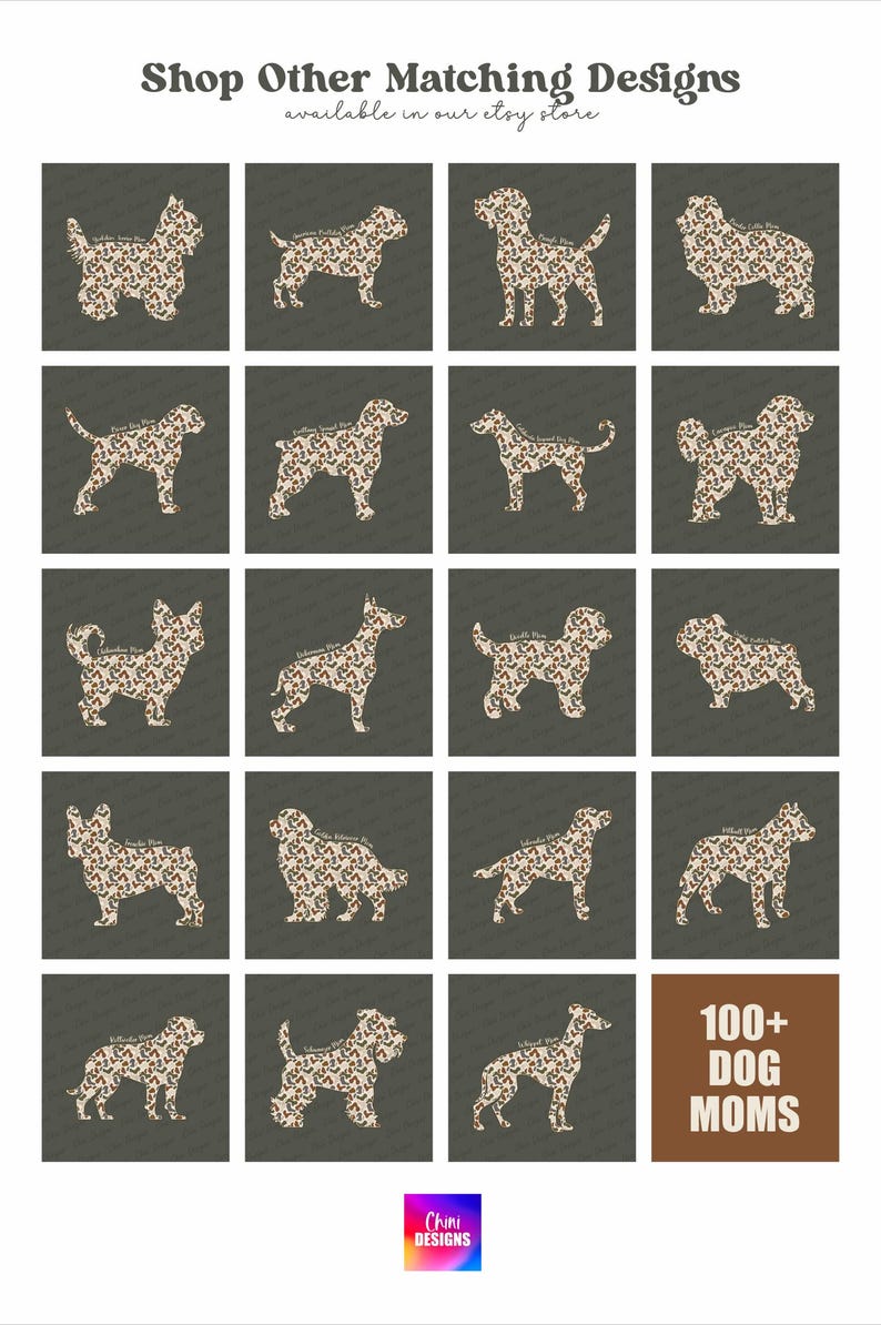 The image is a collage of various dog silhouettes, each with a unique pattern or design, arranged in a grid format.