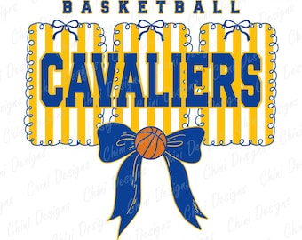 Preppy Cavaliers PNG, Blue Yellow Basketball Team Mascot, Coquette Cavaliers Game Day Sublimation Tshirt Design