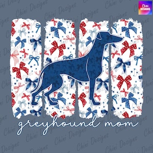 Mamma Greyhound patriottica in formato PNG, design mamma Greyhound con fiocco Coquette, mamma Greyhound con cane, design maglietta 4 luglio, design a sublimazione con pennellate
