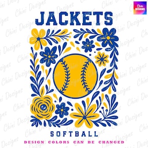 Floral Jackets PNG, Blue Yellow Softball Jackets Design, School Team Mascot Jackets, Soft Ball Game Day Tshirt Design, Sublimation Designs