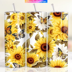 Sunflower and Butterfly Tumbler Wrap, 20oz Skinny Tumbler Sublimation Design, Spring Tumbler Designs, Seamless Sunflower Tumblers PNG