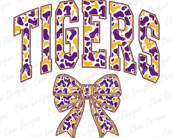 Camo Tigers PNG, Purple Yellow Sports Team Mascot, Camouflage Tigers Game Day Sublimation Tshirt Design