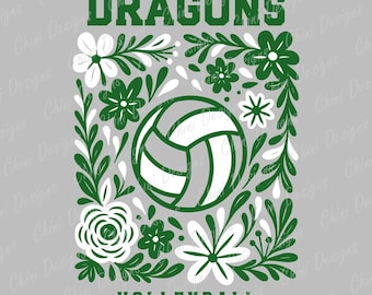 Floral Dragons PNG, Green White Volleyball Team Mascot, Dragons Game Day Sublimation Tshirt Design