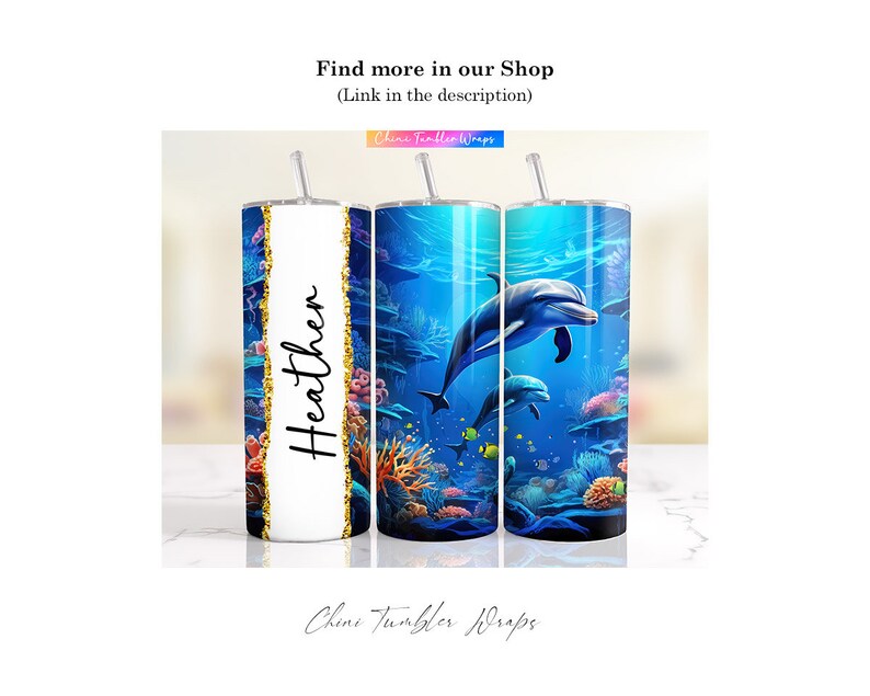 Opakowanie na kubek z delfinem PNG, 20oz Skinny Tumbler Sublimacja Tło, Podwodny Delfin Tumbler Design, Wodny Tumbler Wrap Design PNG zdjęcie 7