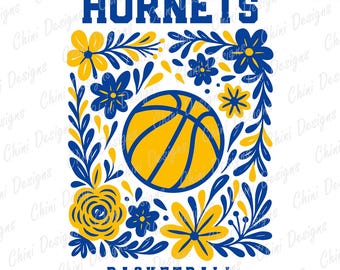 Floral Hornets PNG, Blue Yellow Basketball Hornets Design, School Team Mascot Hornets, Game Day Tshirt Design, Sports Sublimation Design Png