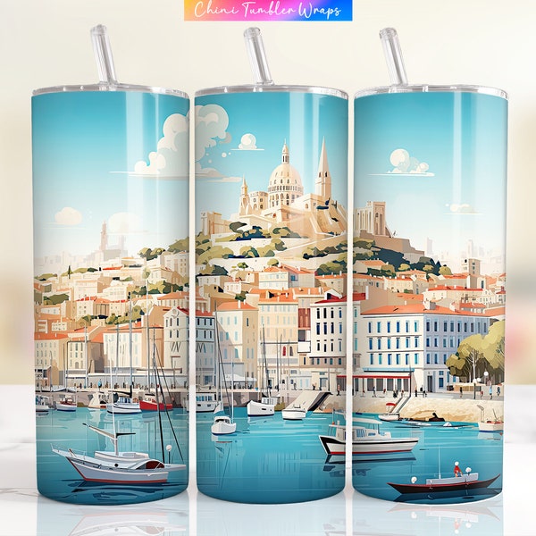 Marseille Tumbler Wrap PNG, 20oz Skinny Tumbler Sublimation Design, Marseille France Tumbler Design, Travel Tumbler Wrap Design Marseille