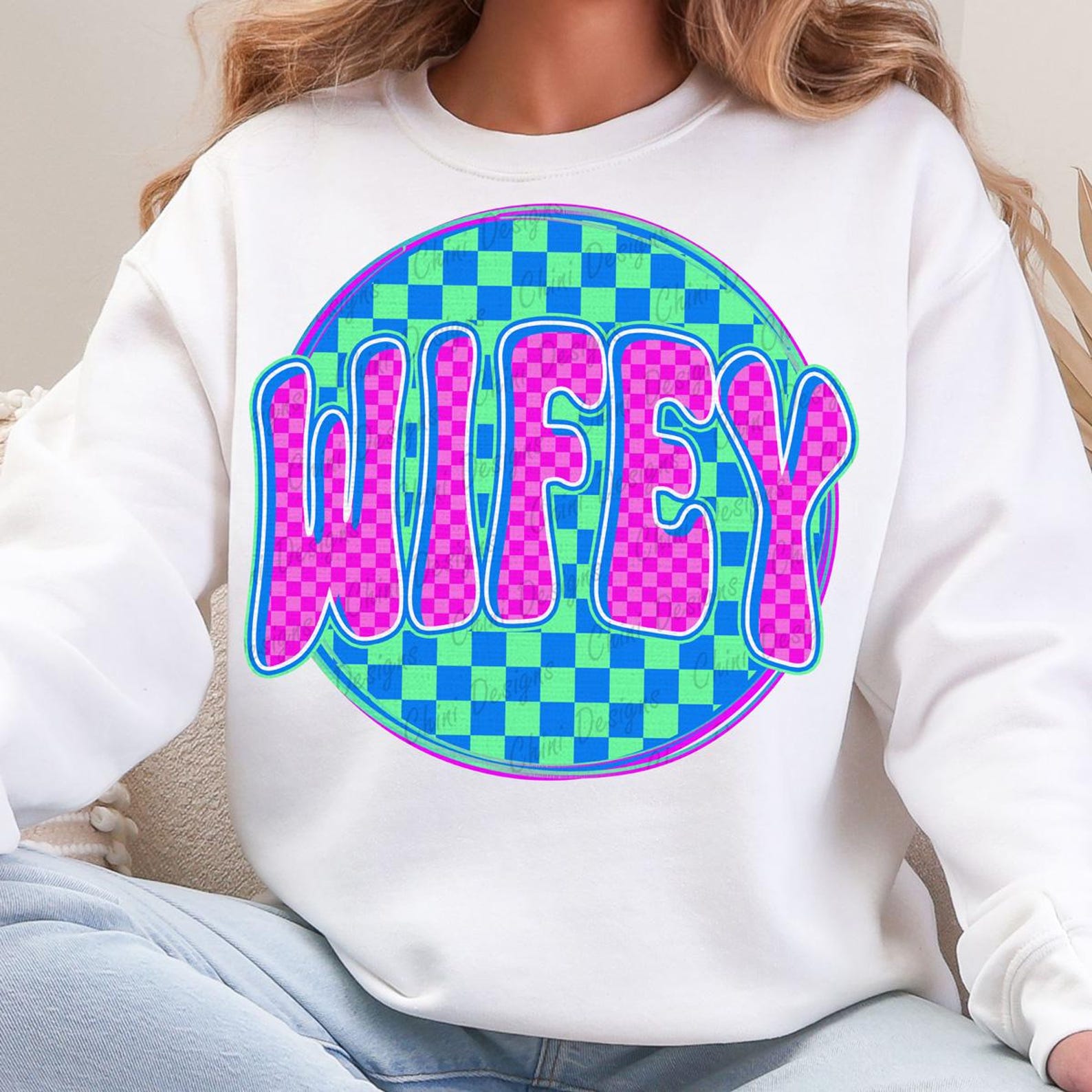 Checkered Wifey PNG, Trendy Retro Wifey Design, Neon Wife, Pink Blue ...