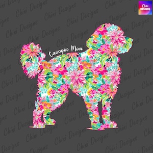 May include: A floral pattern silhouette of a Cavapoo dog. The dog is pink, green, and blue with a white background. The text "Cavapoo Mom" is in the center of the image.