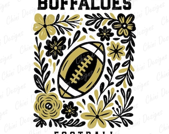 Floral Buffaloes PNG, Black Gold Football Team Mascot, Buffaloes Game Day Sublimation Tshirt Design