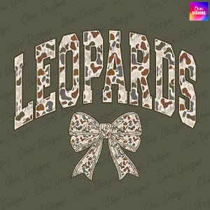 May include: Olive green graphic with the word "LEOPARDS" in a camouflage pattern. Below the word is a bow with the same camouflage pattern. The image has the text "Chini Designs" repeated across the background.