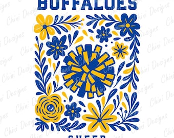 Floral Buffaloes PNG, Blue Yellow Cheer Buffaloes Design, School Team Mascot Buffaloes, PomPom GameDay Sports Sublimation Tshirt Designs Png