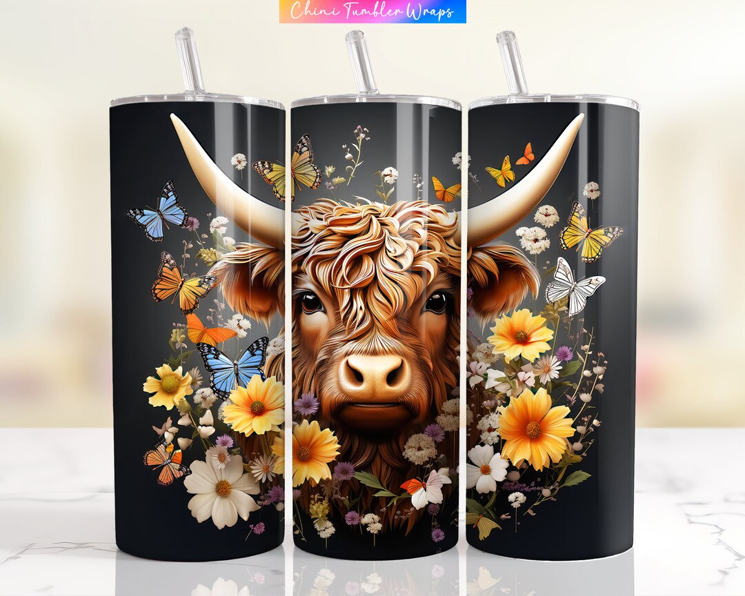 3D Highland Cow Tumbler Wrap PNG, 20oz Skinny Tumbler Sublimation ...