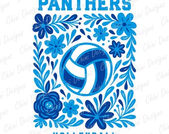 Floral Panthers PNG, Blue Volleyball Team Mascot, Panthers Game Day Sublimation Tshirt Design