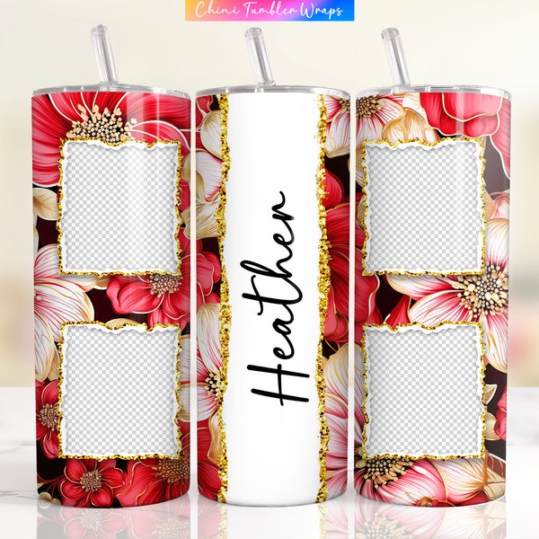 Custom Picture Tumbler Wrap, Red Floral Photo Tumbler Wrap PNG, Personalized Name Tumbler Design, Red Flowers Family Photo Tumblers Red Gold