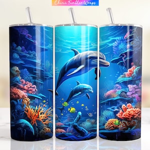 Opakowanie na kubek z delfinem PNG, 20oz Skinny Tumbler Sublimacja Tło, Podwodny Delfin Tumbler Design, Wodny Tumbler Wrap Design PNG zdjęcie 1